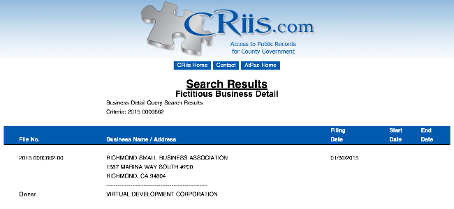 Contra Costa County Fictitious Business Name records show that the Marina Bay development company Virtual Development owns the Richmond Small Business Association.