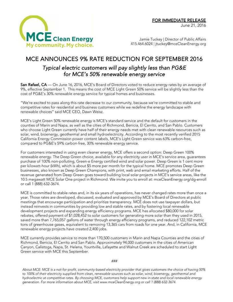 MCE Announces 9% Rate Reduction